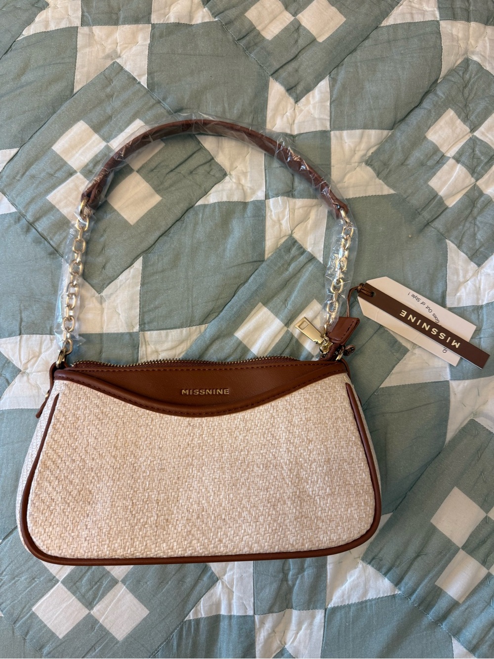 Cream & Brown Woven Shoulder Bag with Chain Detail